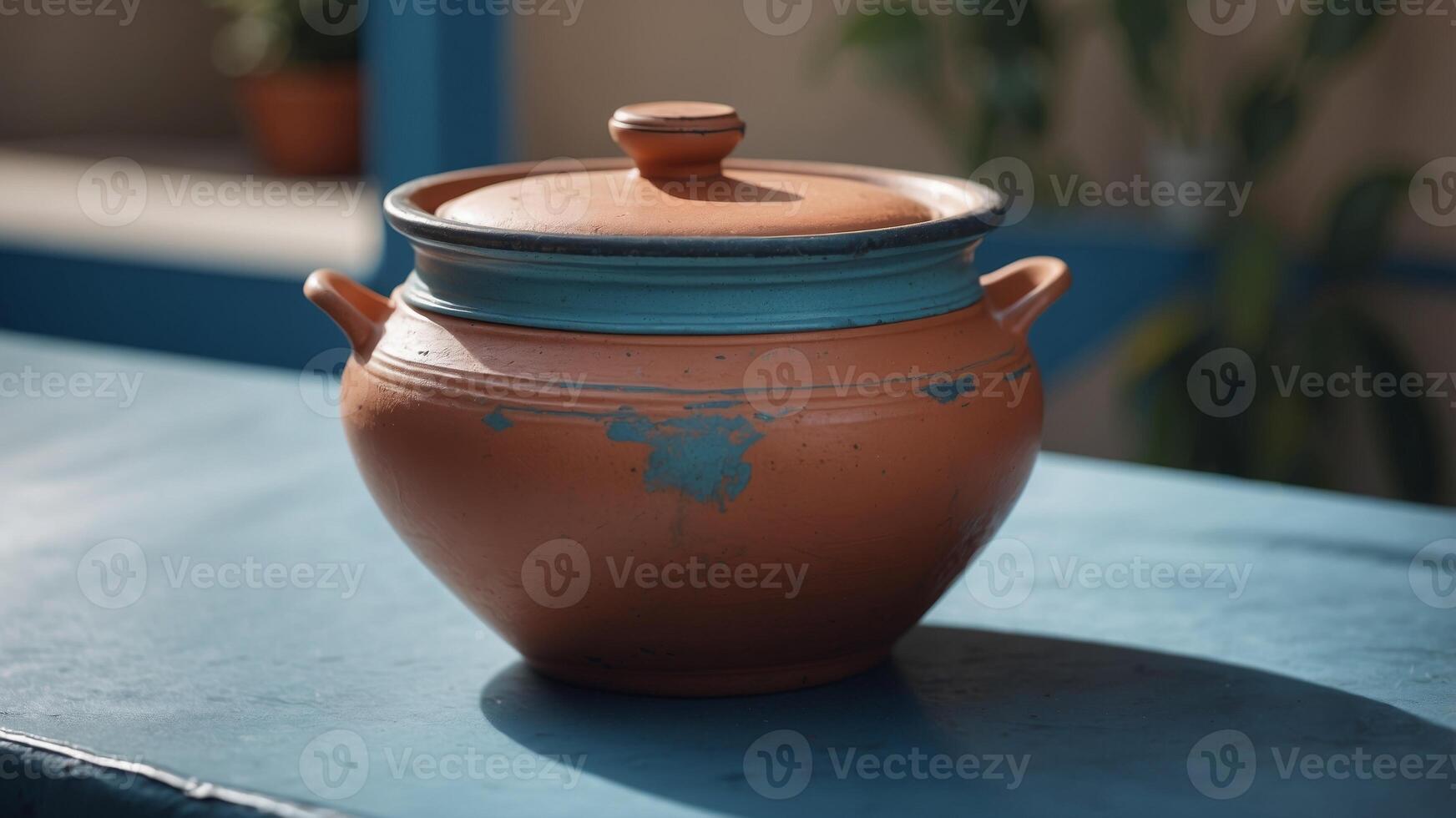 Vintage clay pot along with lid upon blue background with copy space. photo