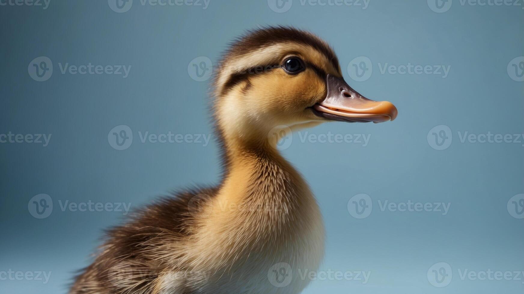 Cute duckling expression surprised on light blue copy space background. photo