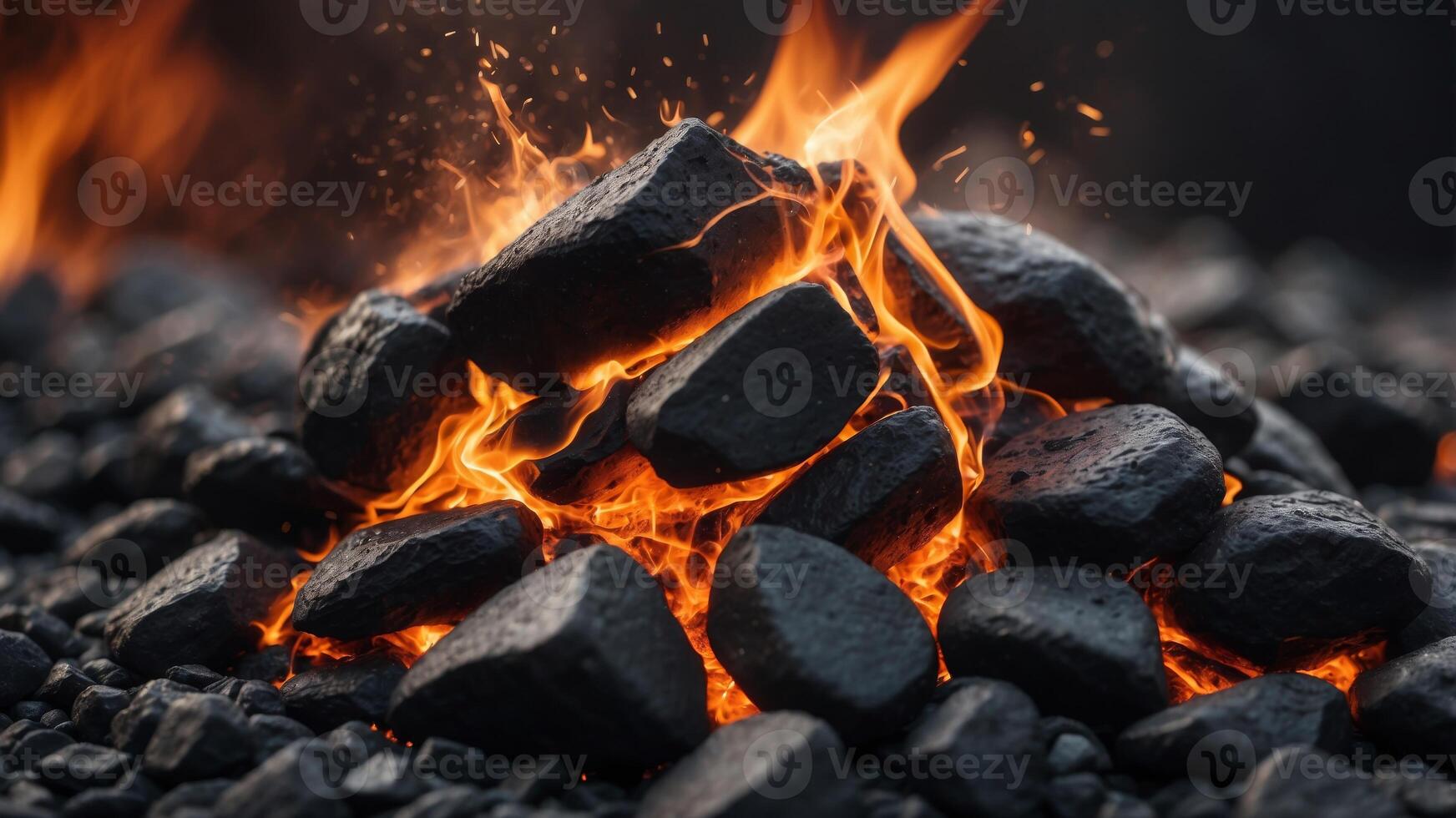 The image is of a pile of black rocks with a lot of fire and sparks. photo