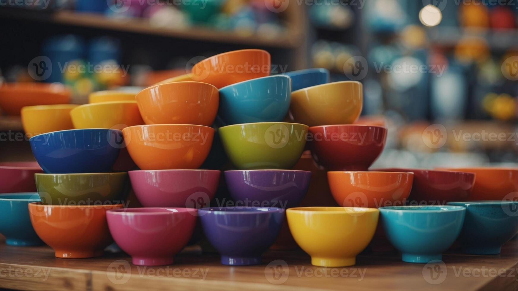 Colorful ceramic bowls on display in a store. photo