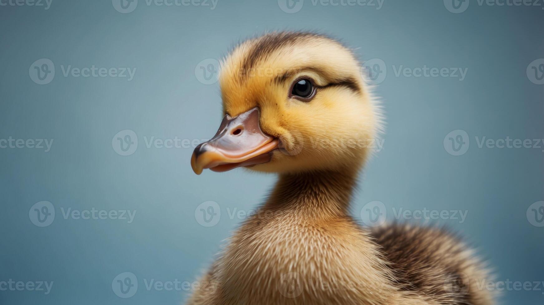 Cute duckling expression surprised on light blue copy space background. photo