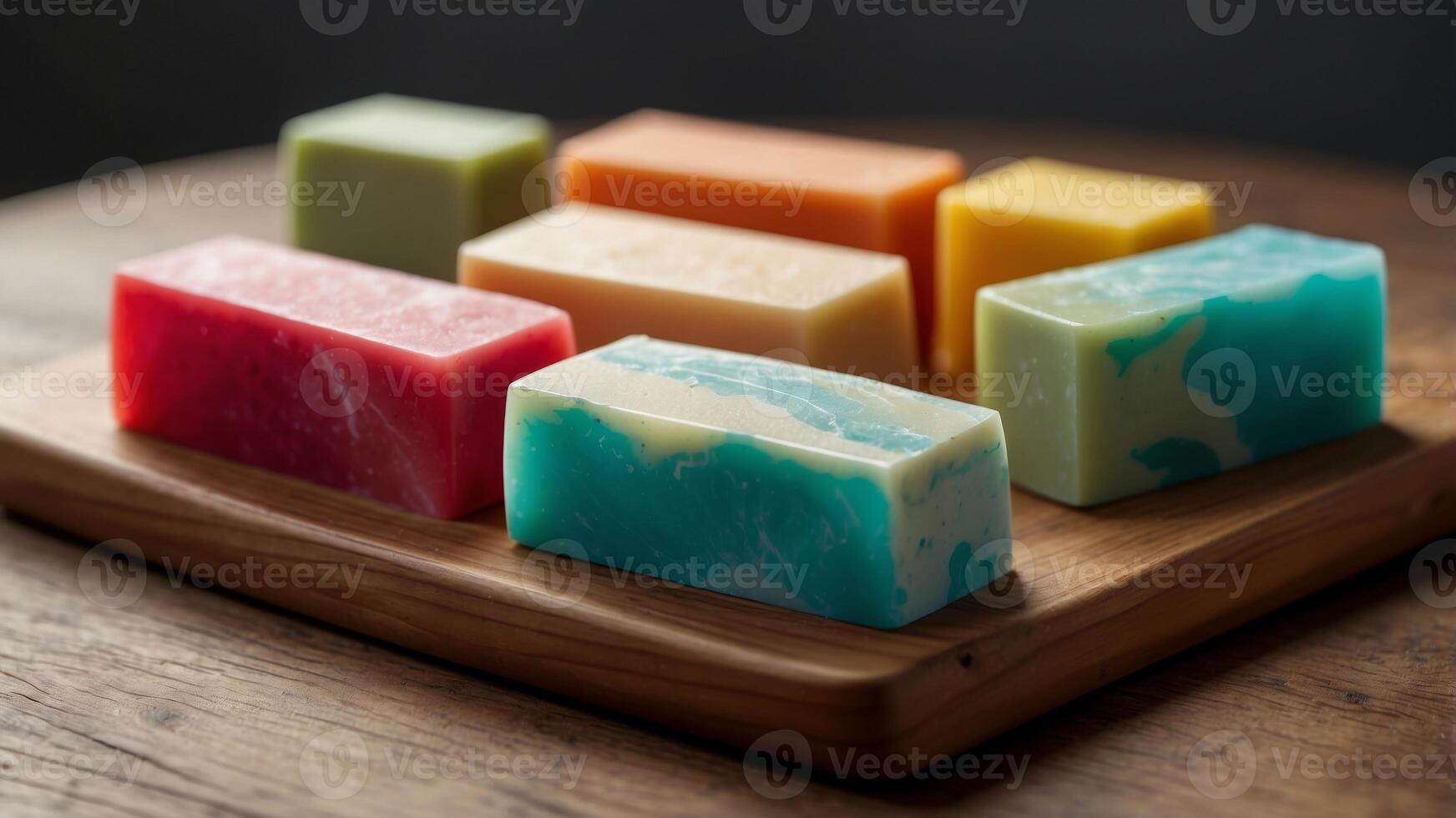A row of colorful soaps sits on a wooden cutting board. photo