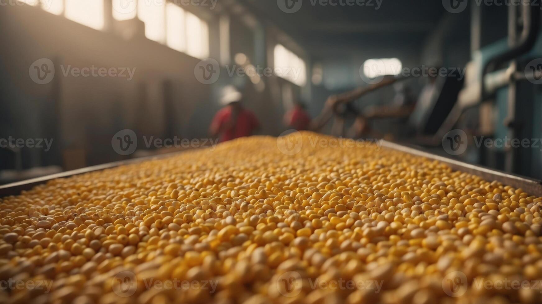 Freshly Harvested Corn Kernels Being Conveyed in an Agricultural Processing Facility. photo