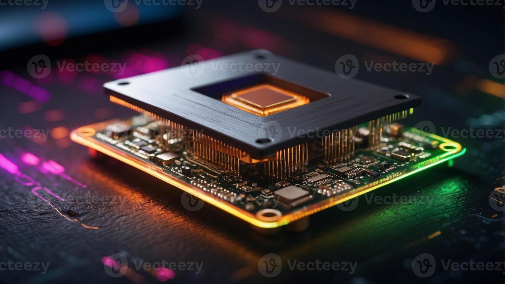 Futuristic Microchip with Neon Circuitry. photo