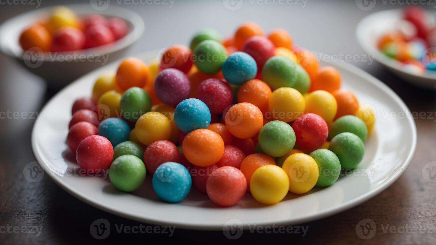 Colorful candy arranged in smiling face on white plate. photo