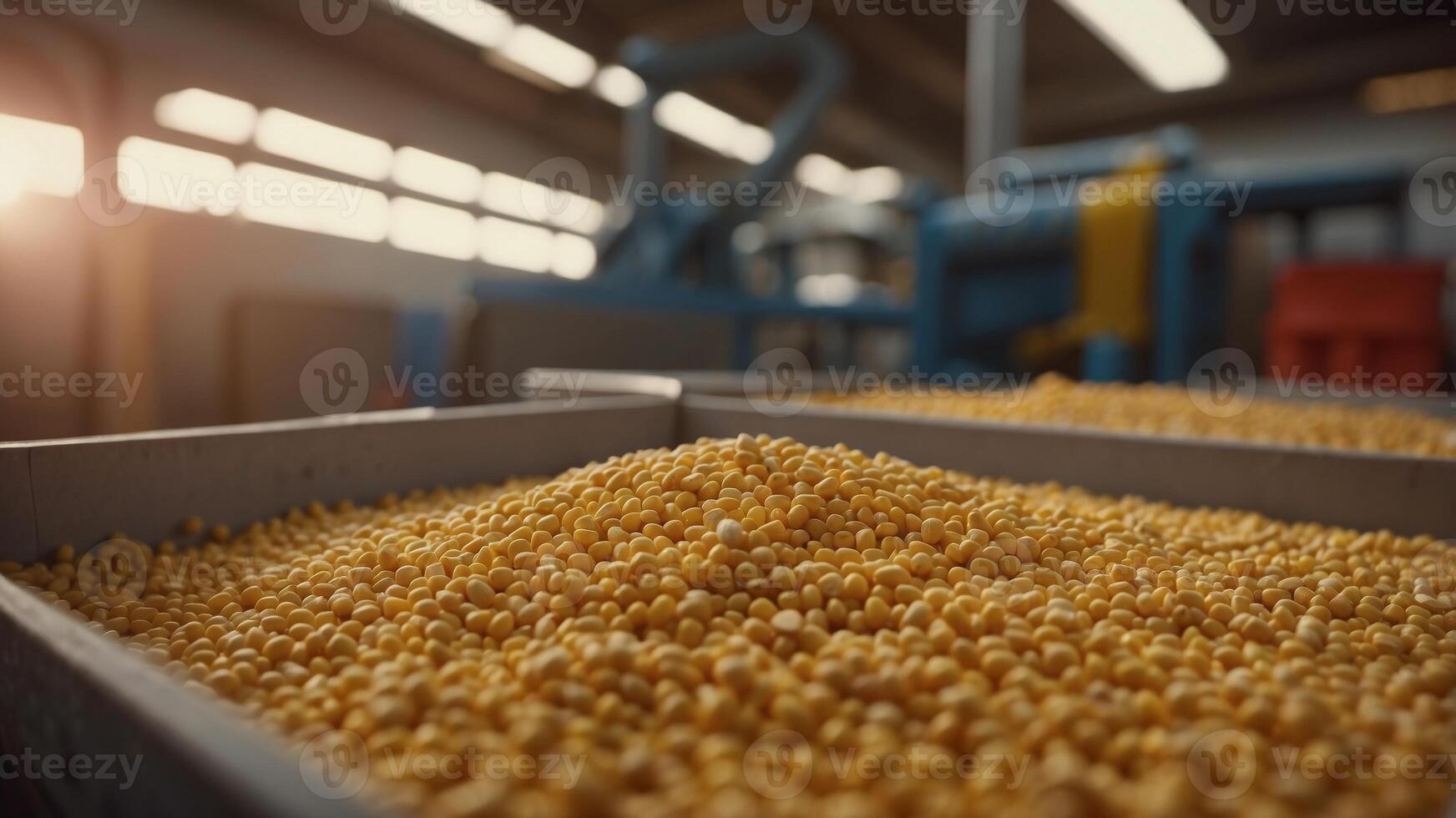 Freshly Harvested Corn Kernels Being Conveyed in an Agricultural Processing Facility. photo
