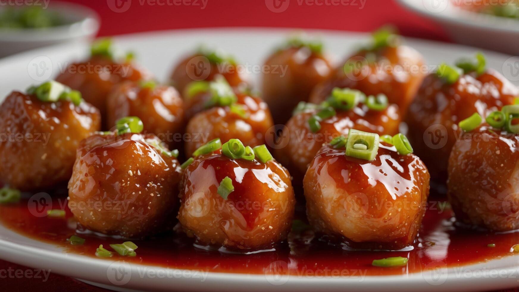 Glazed sweet and sour chicken bites topped with chopped green onions on white plate red background. photo