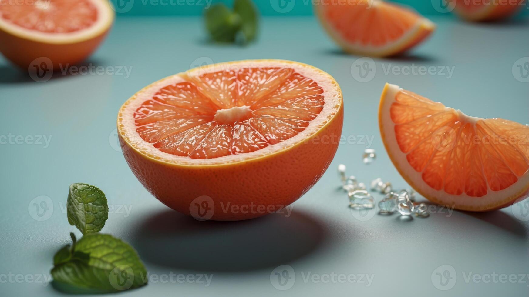 Wedge of grapefruit frit with with mint leaf cutout. photo