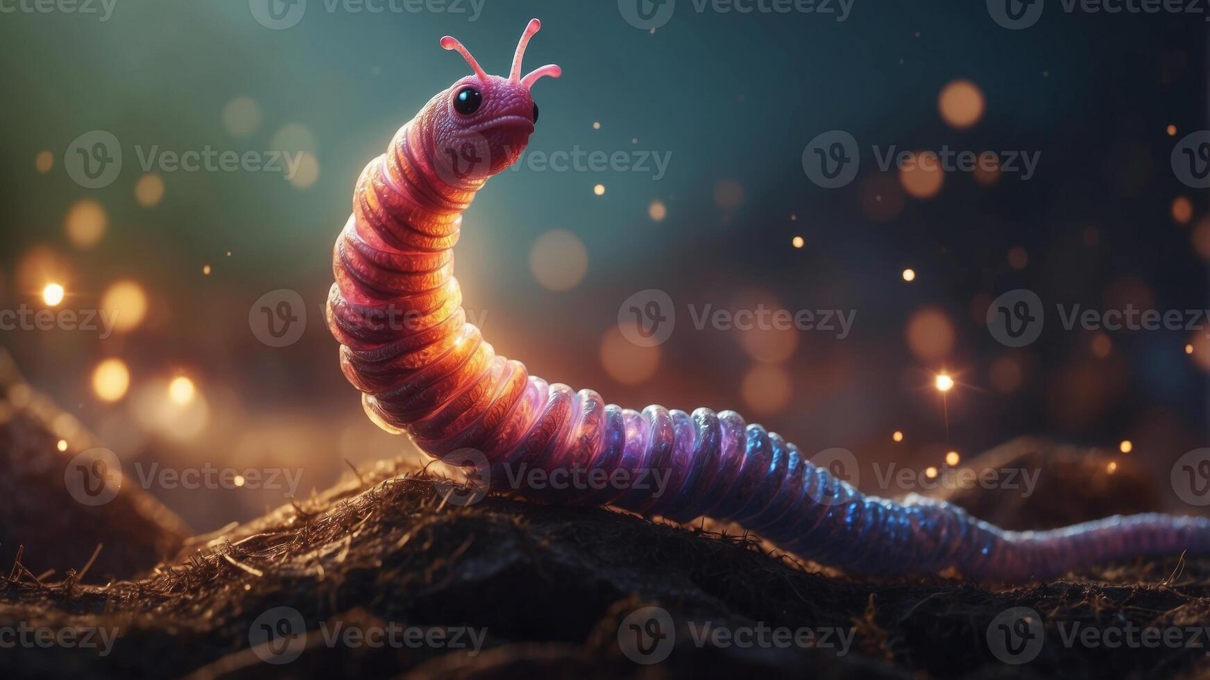 Digital artwork of glowing worm reaching towards bright light. photo