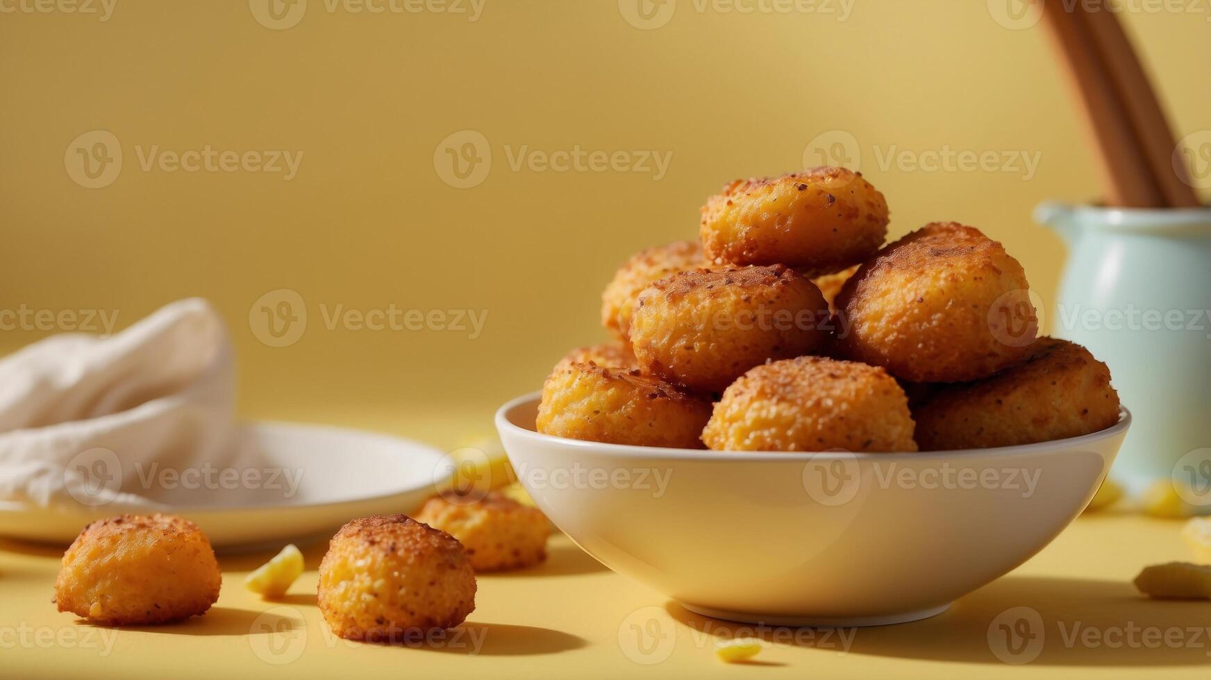 Delicious corn fritters in white bowl on yellow surface. photo