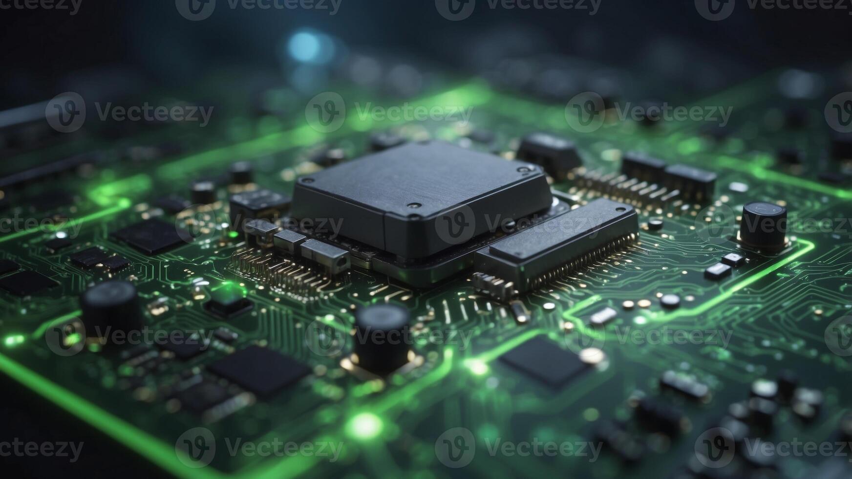 Futuristic digital circuit board with glowing green spots for security concept. photo