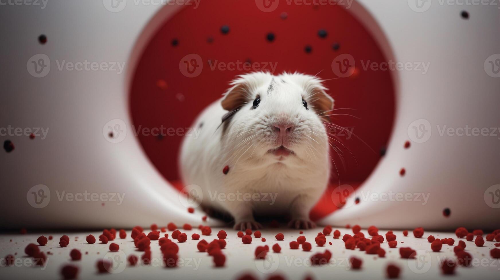 White guinea pig with black spots on red background. photo