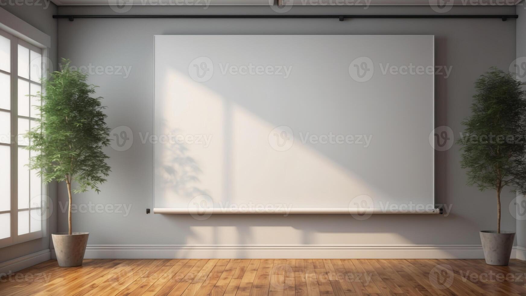 A large white board is being on the wall of a room alongside wooden floors. photo
