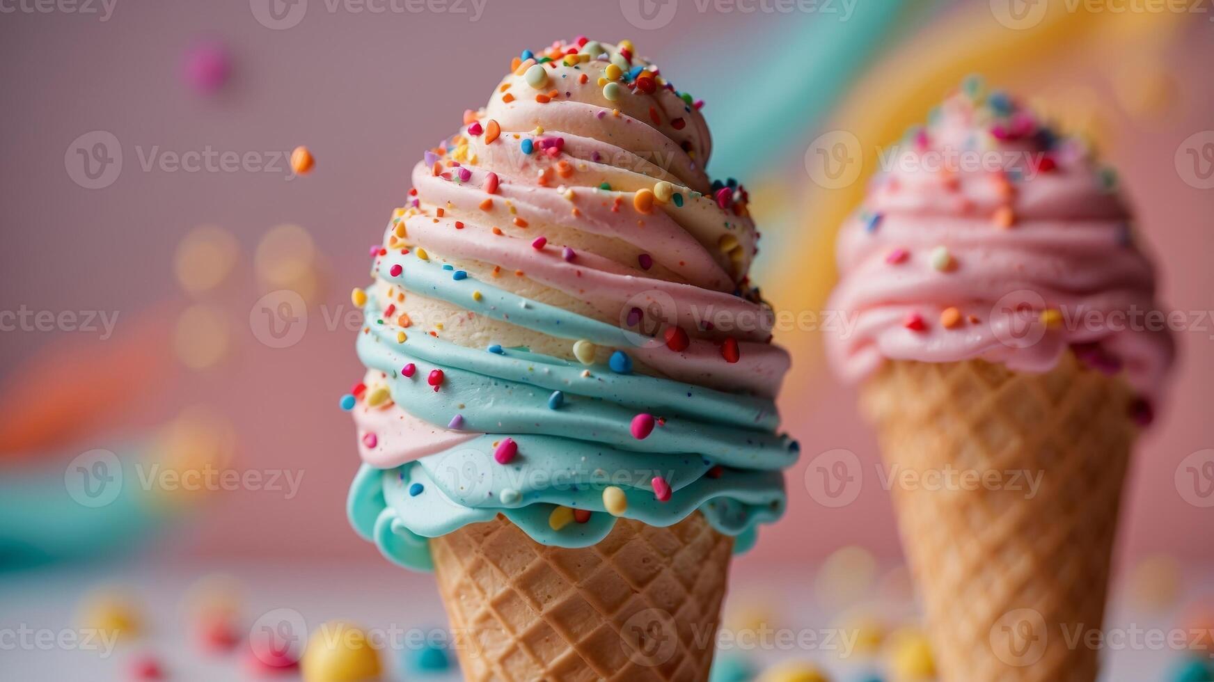 Swirled ice cream cone topped featuring colorful sprinkles. photo