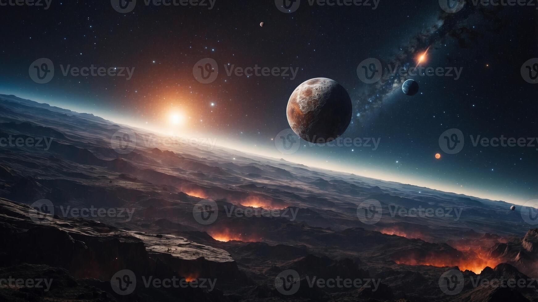 Cinematic Depiction of Asteroid Belt Orbiting the Milky Way Galaxy within Profound Cosmic Void. photo