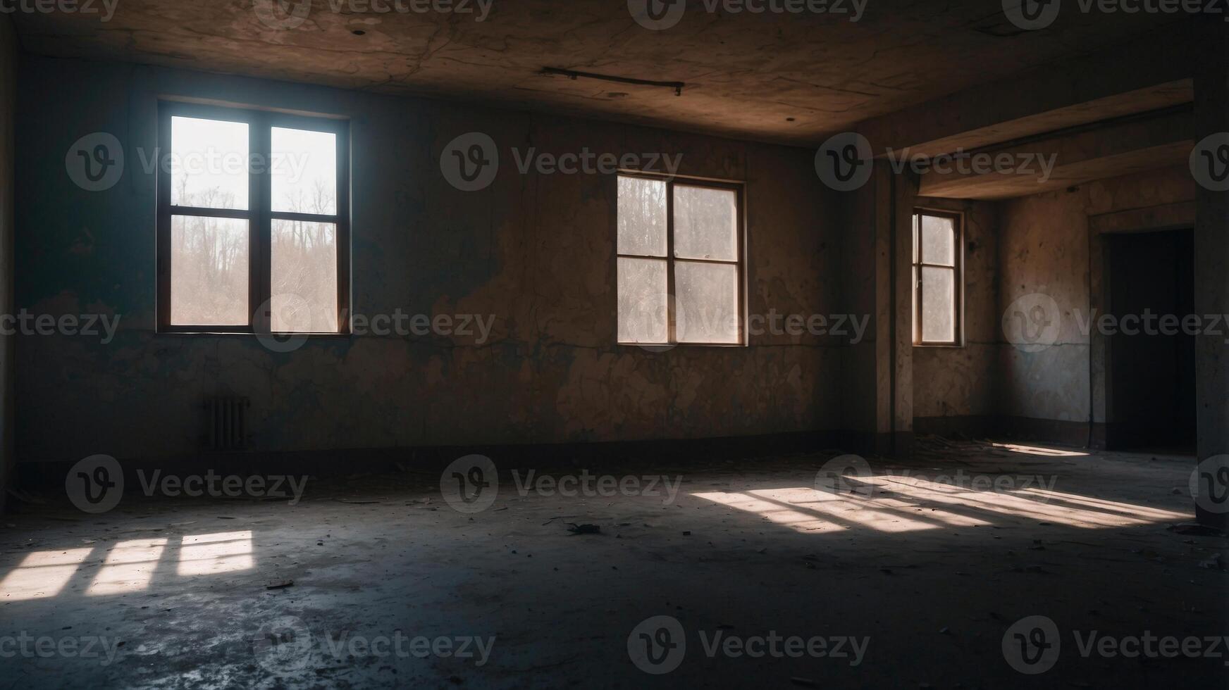 Haunting Shadows Linger in the Darkened Halls of a Mysterious Abandoned Structure. photo