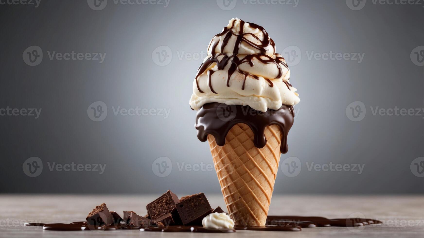Ice cream cone featuring vanilla scoops as well as chocolate syrup. photo