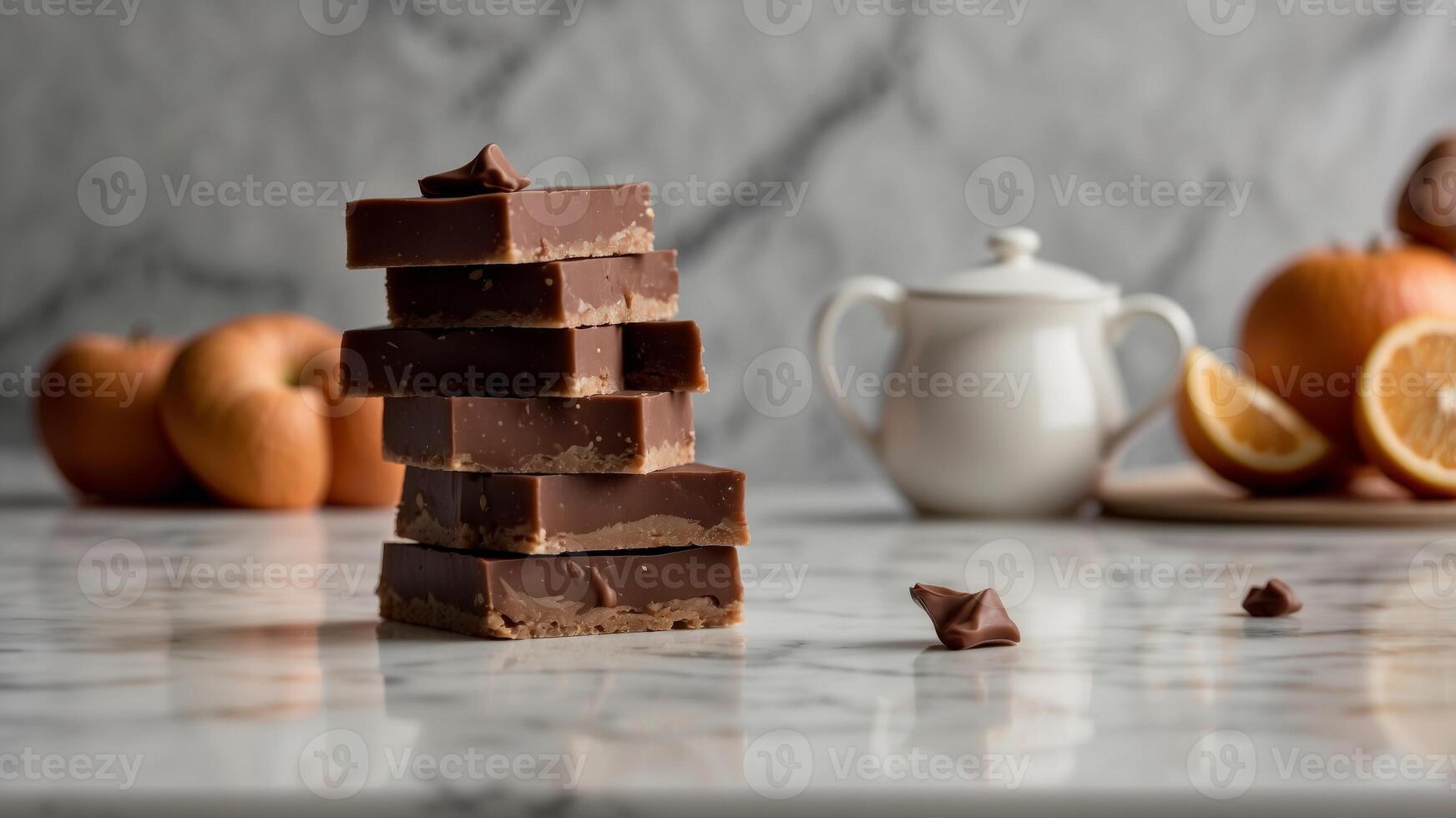Stack of brown fudge squares on marble counter in bright kitchen. photo