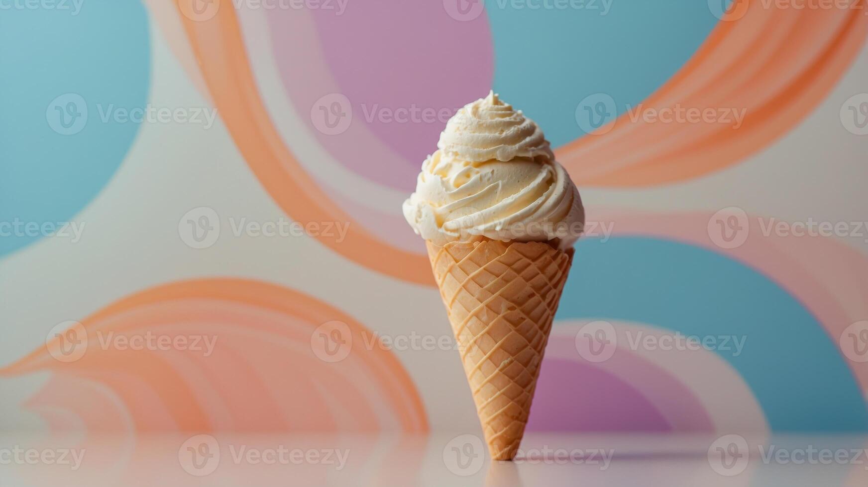 Vanilla Ice Cream Cone on Swirled Background. photo