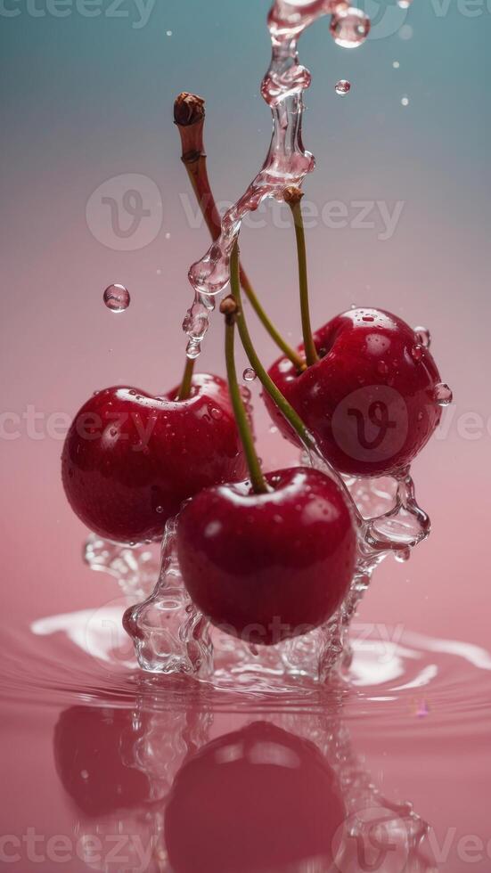 Cherries Splashing in Water with Pink Background. photo