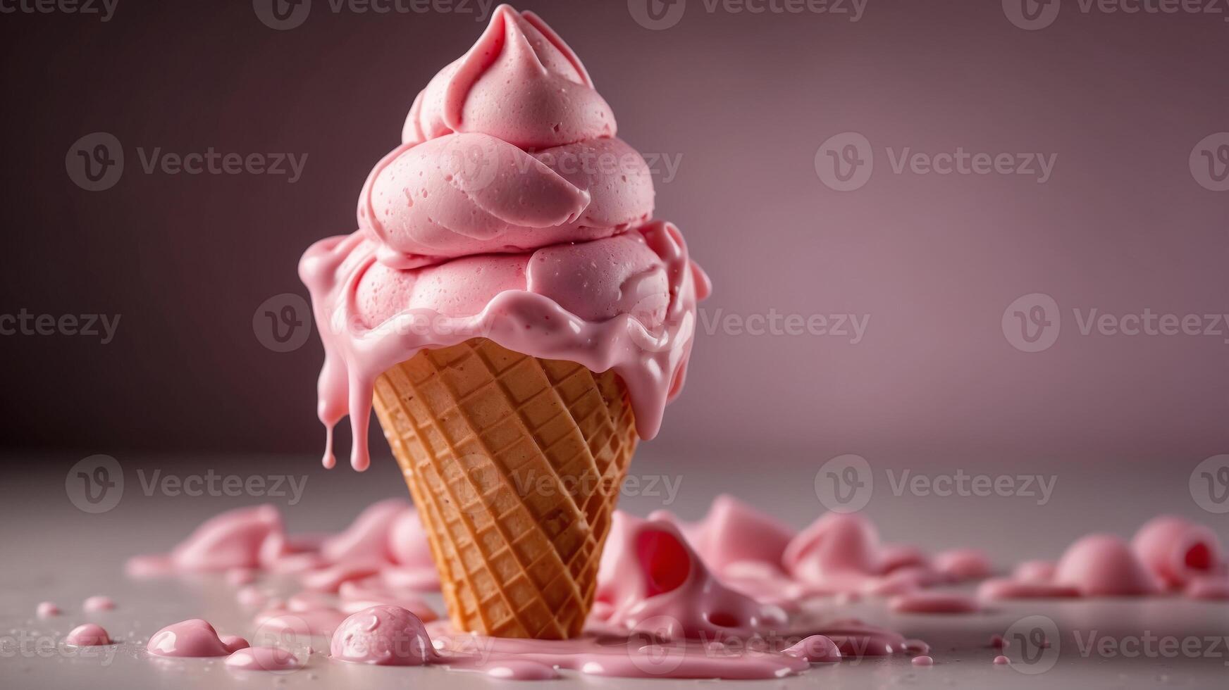 Melting pink ice cream in waffle cone on background. photo