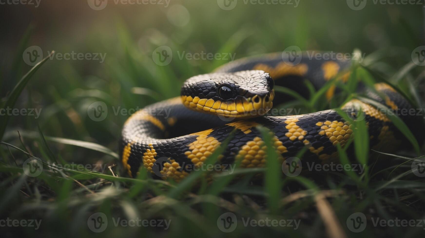 A close up of a yellow and black snake in the grass. photo