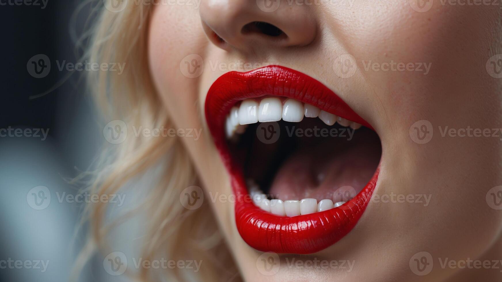 A close up of a red fake mouth alongside white teeth. photo