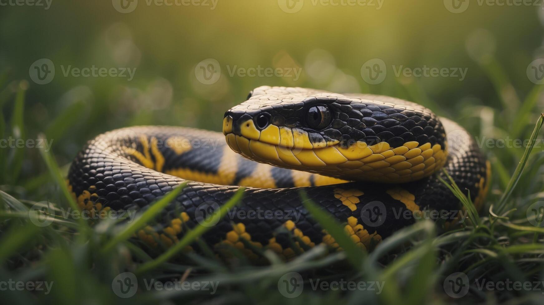 A close up of a yellow and black snake in the grass. photo
