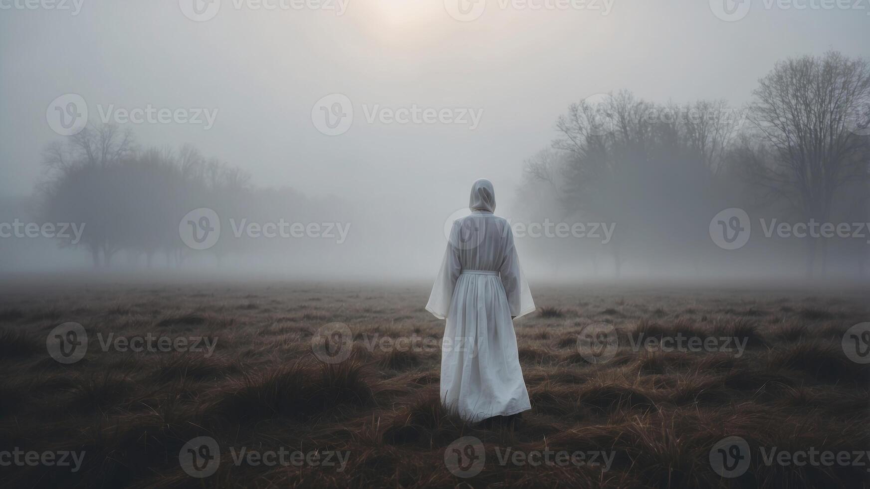 Mysterious Figure in White Robe Standing Alone in the Foggy Field Spiritual Journey in the Unknown World. photo