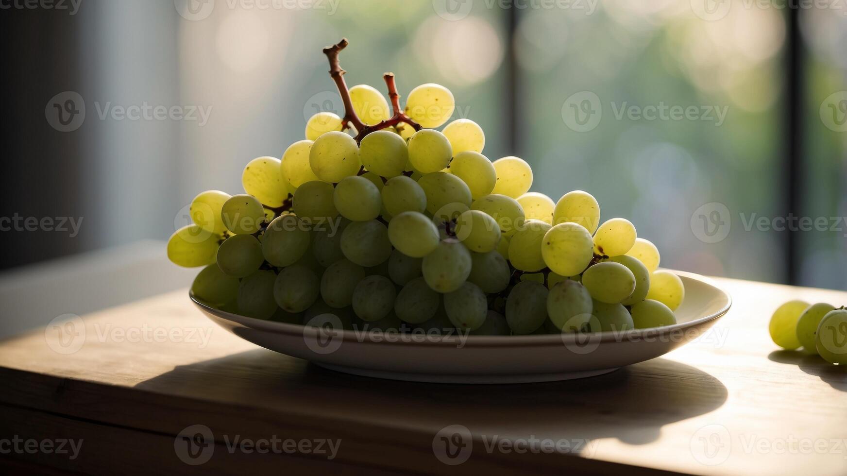 Bunch of green grapes in plate on the kitchen table in the bright morning light. photo