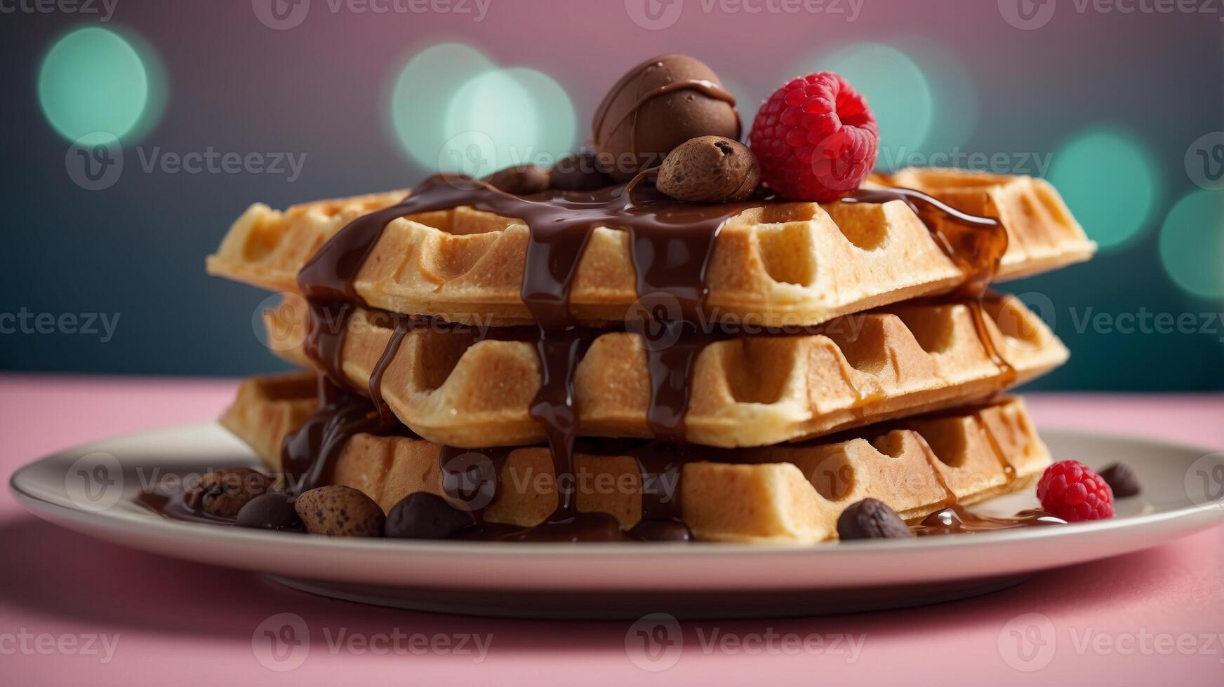 Stack of waffles with syrup drizzle and chocolate garnish on plate. photo