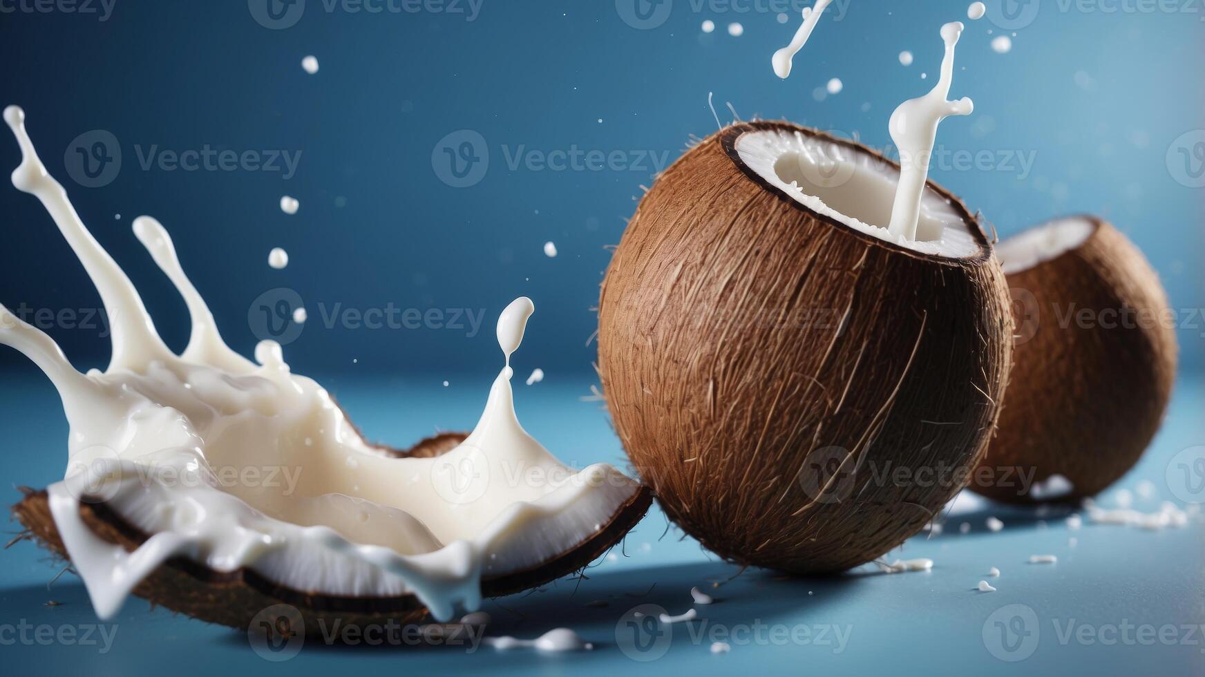 cracked coconut with splashes of milk on blue background. photo