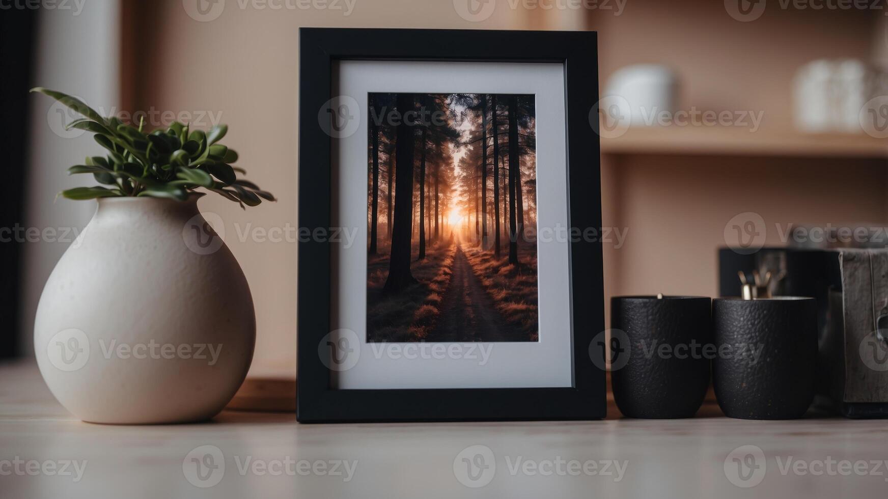 Picture frame in black resting on table or shelf. photo