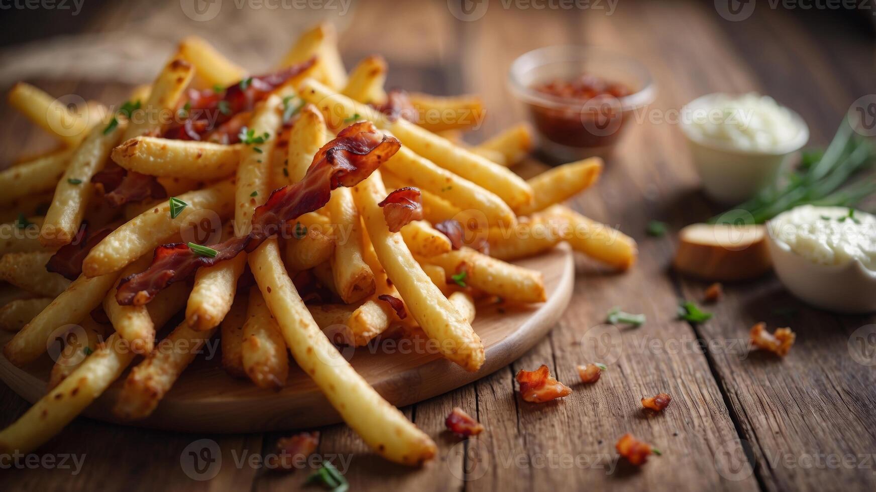 Cheese fries with bacon bits and chives on wooden surface. photo