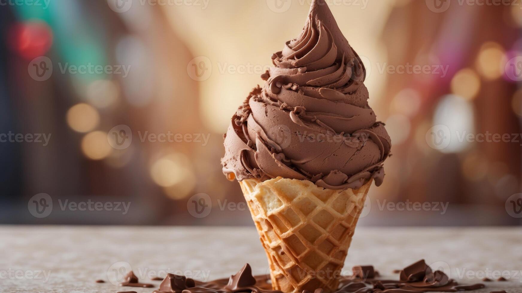 Chocolate ice cream served in a waffle cone on artisanal paper. photo
