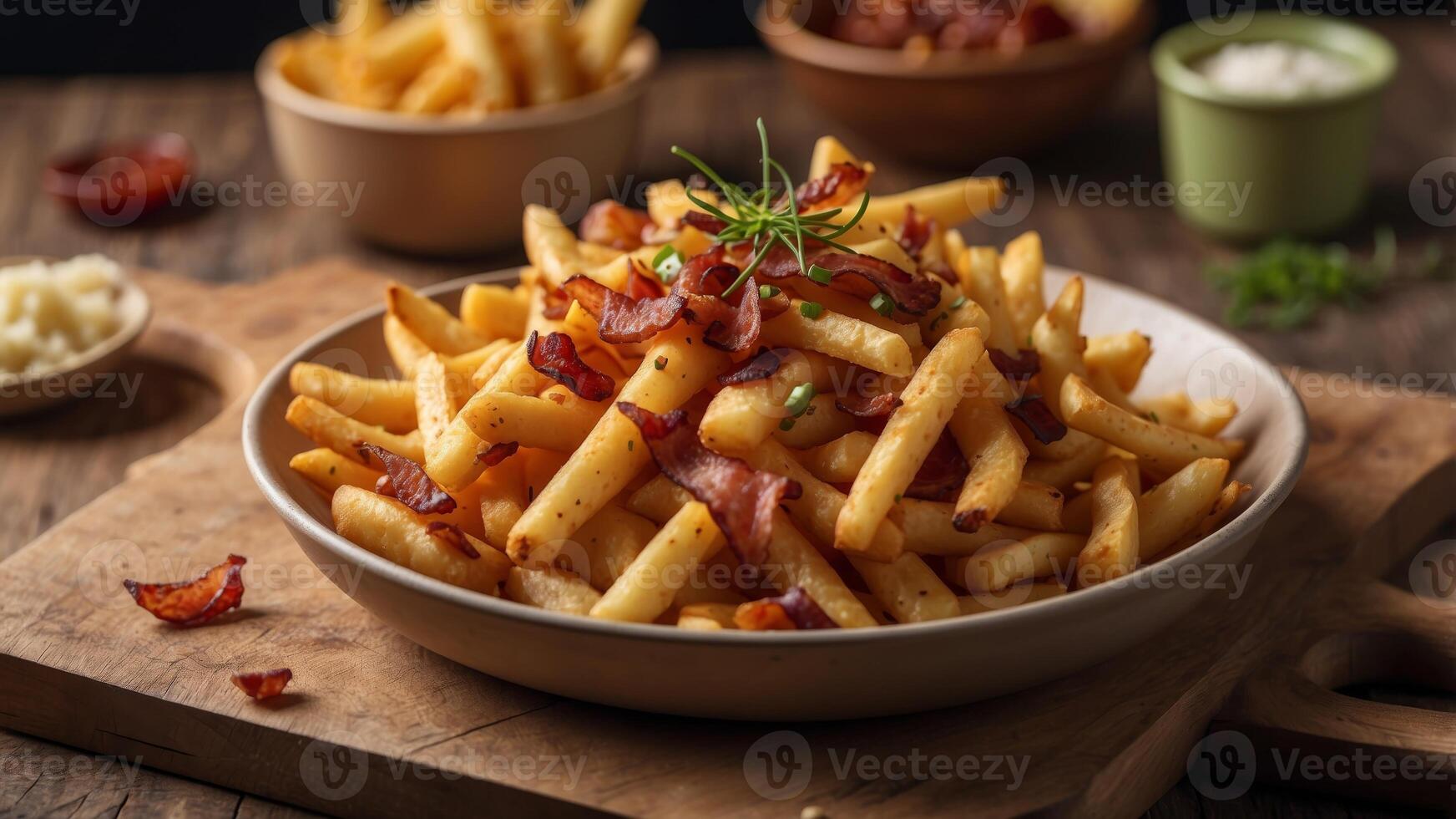Cheese fries with bacon bits and chives on wooden surface. photo