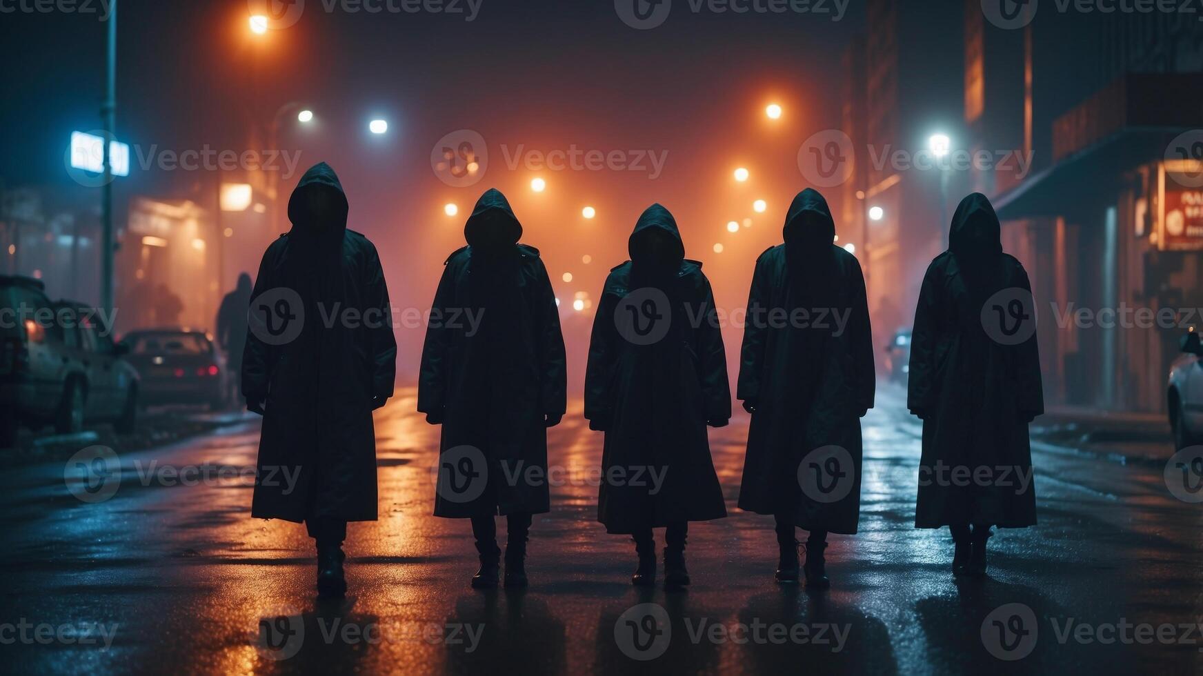 Hooded Figures Silhouetted in Dystopian Cityscape at Night Shrouded in Ominous Atmosphere. photo