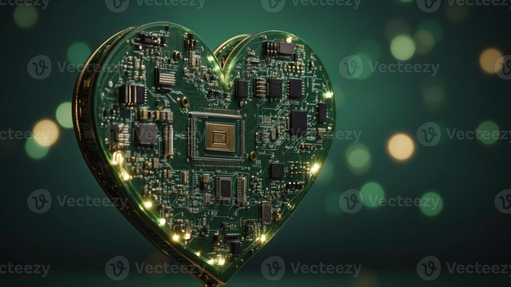 Intricate circuit board heart on a green background. photo
