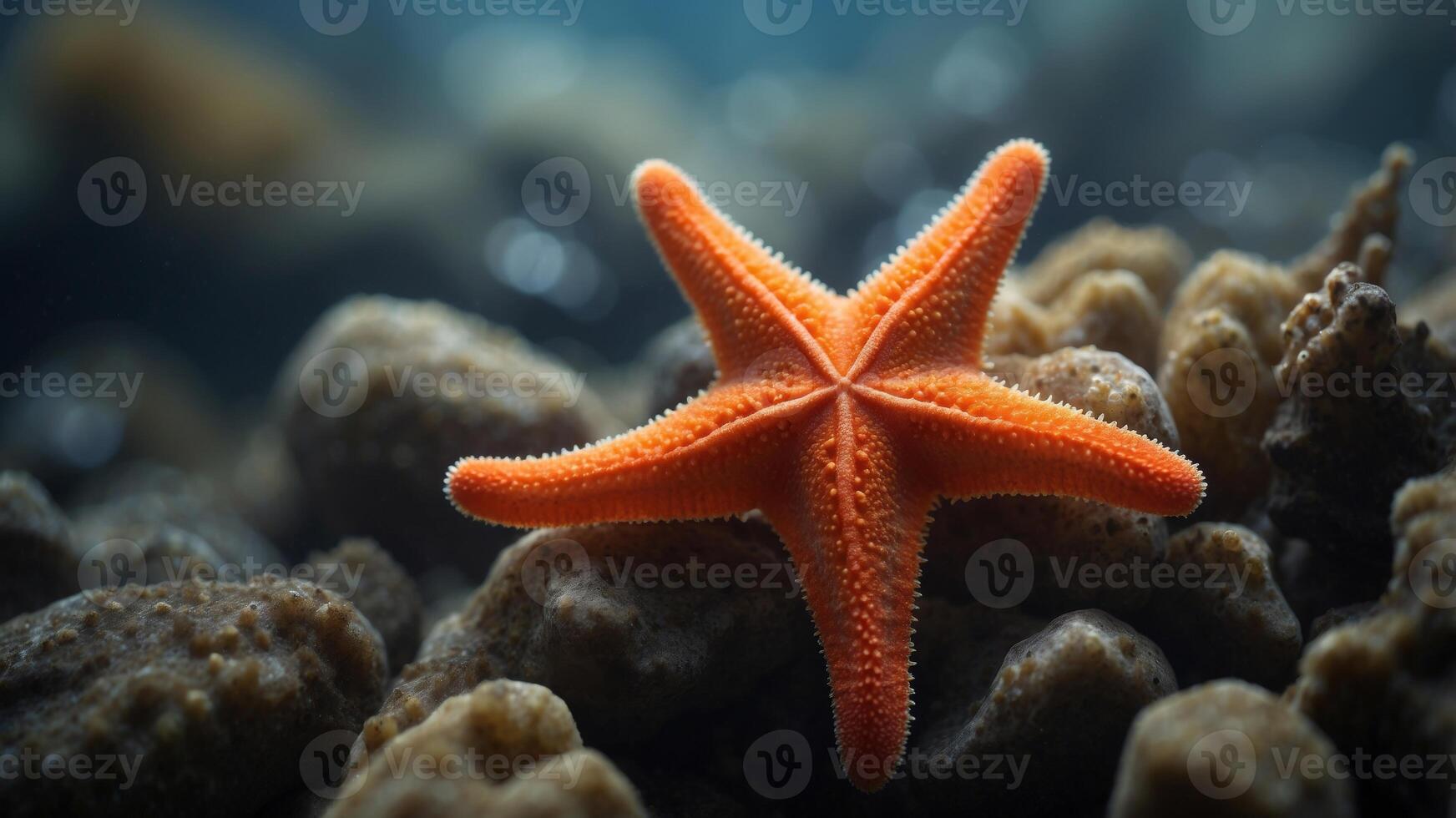 Bright orange starfish in pristine ocean depths with advanced technology. photo