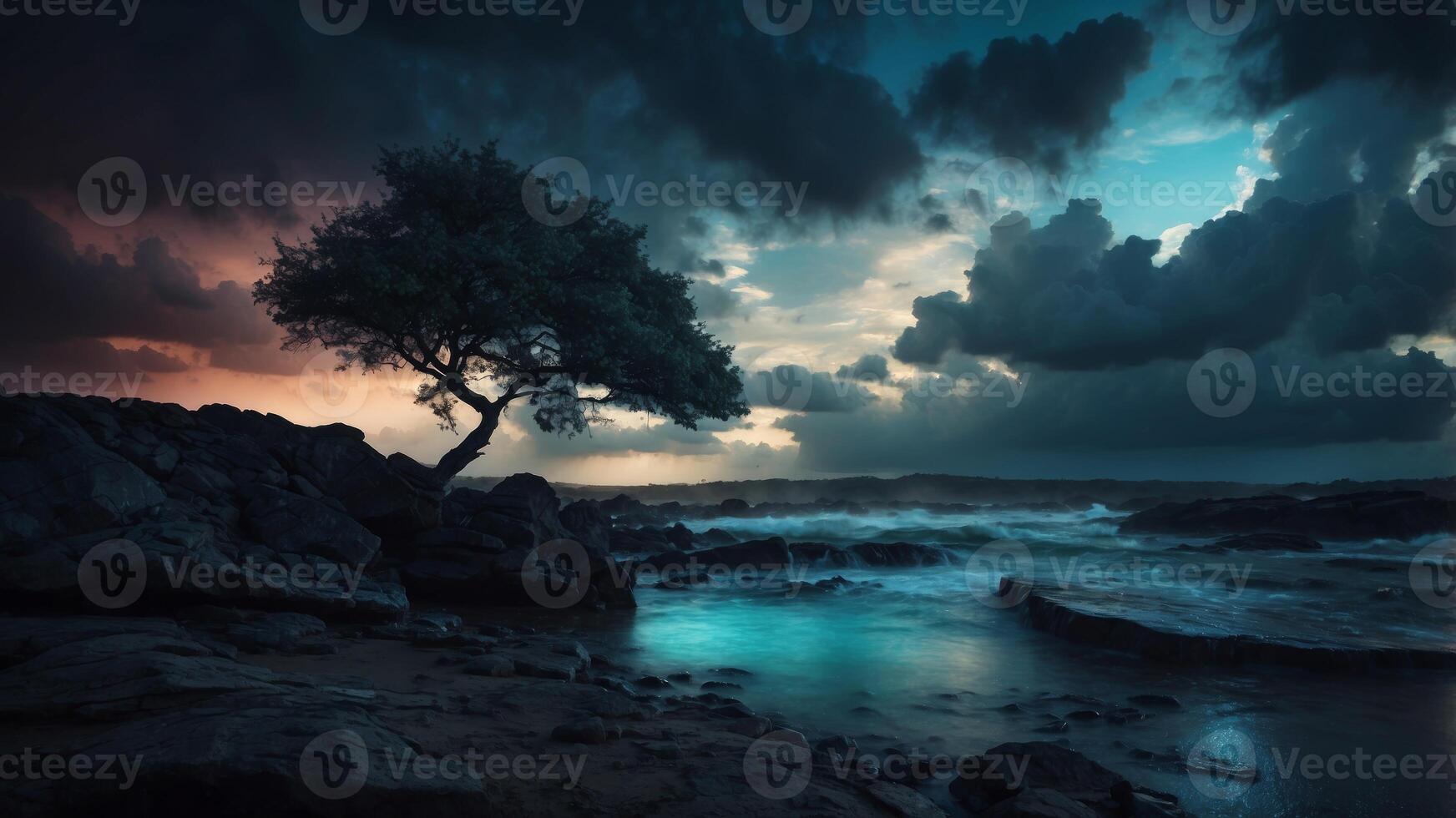 Stormy night sky in teal and black with dramatic lighting. photo