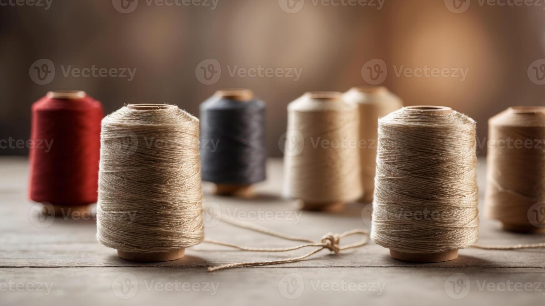 Beige thread spools on table with blurred background empty space. photo