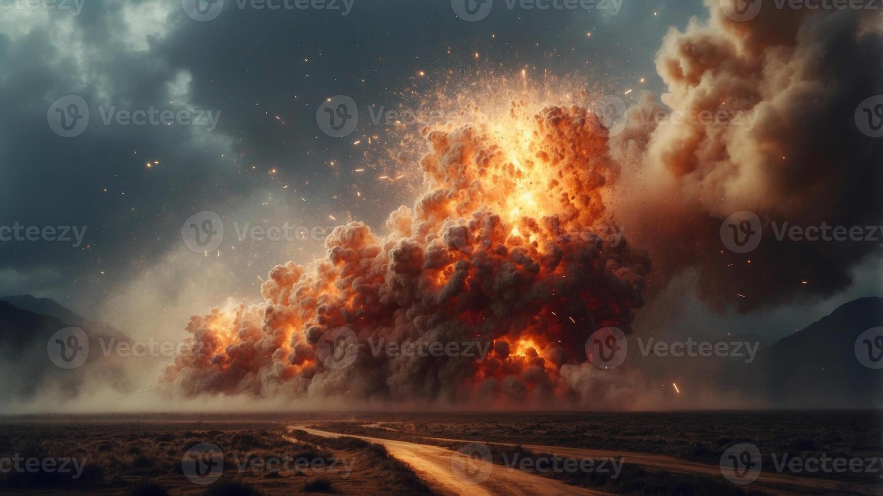 Explosive Eruption of Fracturing and Shattering Particles in a Dynamic Storm of Chaos and Motion. photo