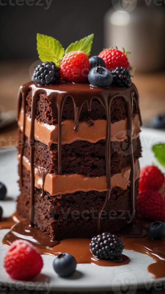A chocolate cake with chocolate drizzle and berries on top of it. photo