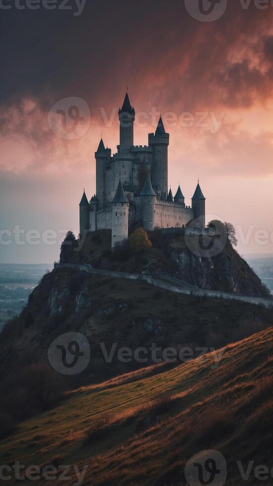 A dark and gloomy scene with a castle in the background. photo