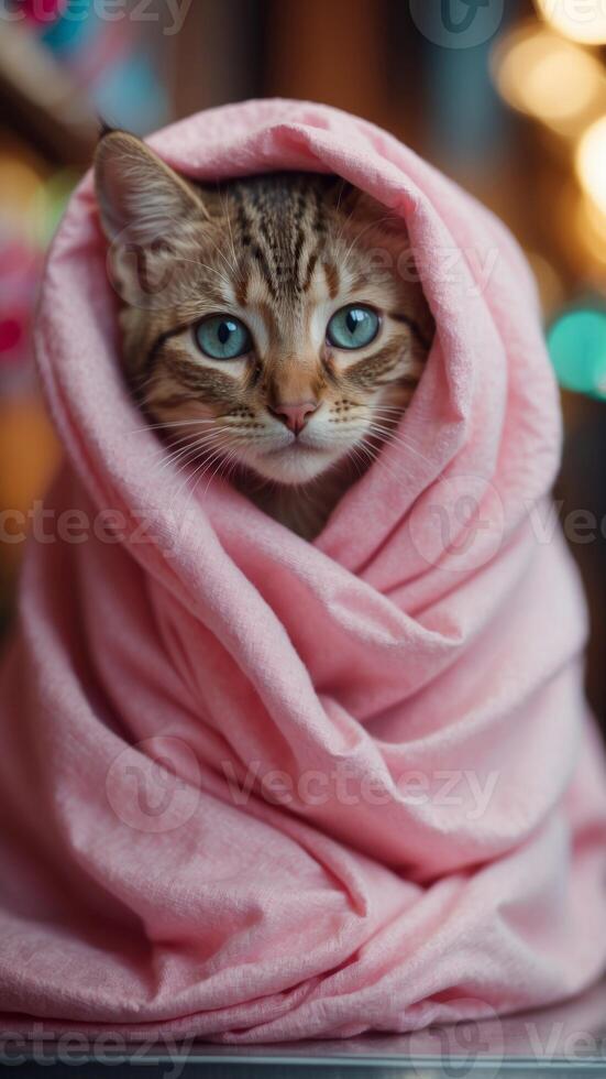 wrapped kitten in a blanket at the candy store. photo