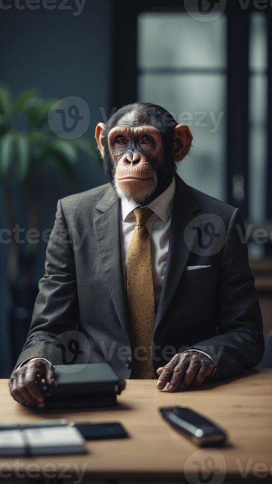A chimpanzee sitting at a desk in a suit and tie. photo