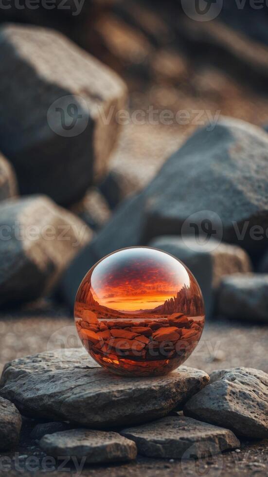 A large glass ball is sitting on a rocky surface. photo