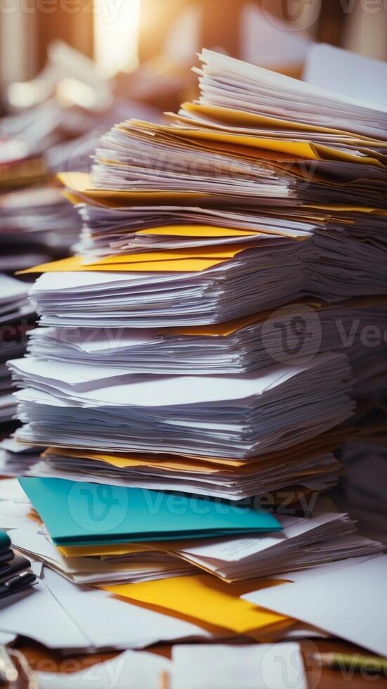 Piles of paperwork on a desk reflecting workload. photo