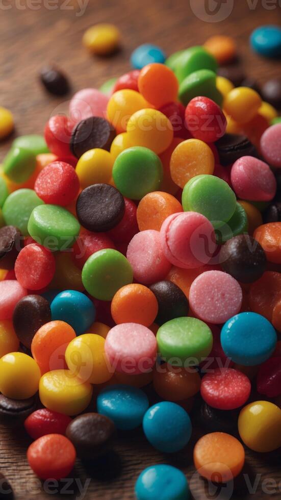 A pile of assorted candies on a wooden table. photo