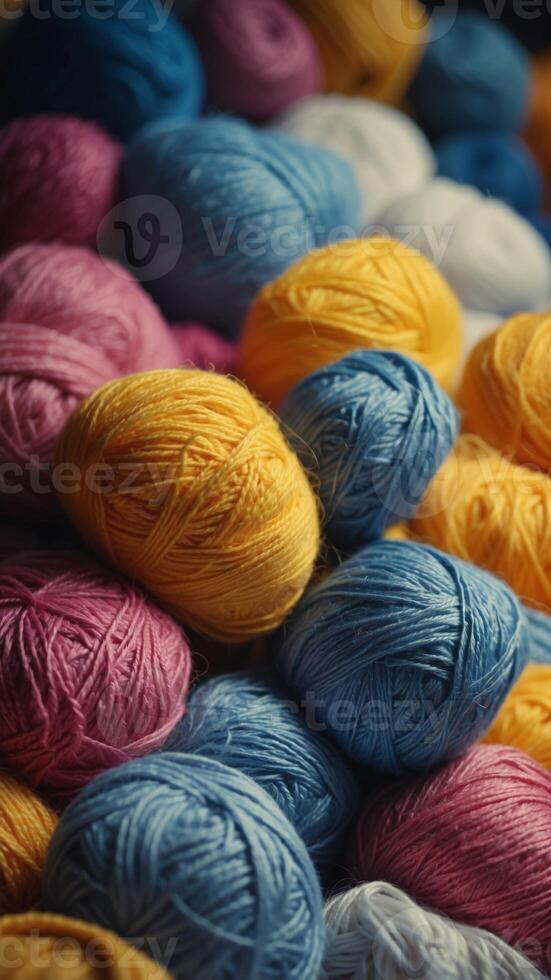 A pile of yarn with a blue and yellow piece of cloth in the background. photo